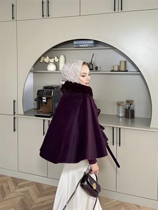 Darby Yakası Kürk Detaylı Angora Panço Mürdüm