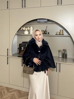 Darby Yakası Kürk Detaylı Angora Panço Lacivert