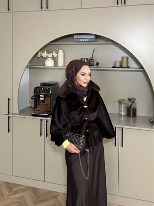 Darby Yakası Kürk Detaylı Angora Panço Acı Kahve