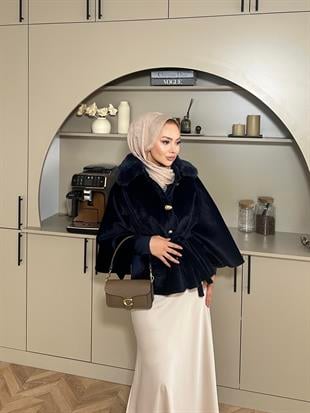 Darby Yakası Kürk Detaylı Angora Panço Lacivert