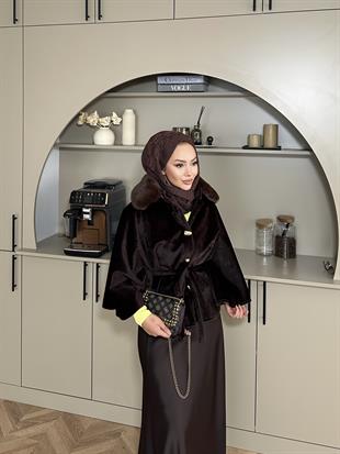 Darby Yakası Kürk Detaylı Angora Panço Acı Kahve