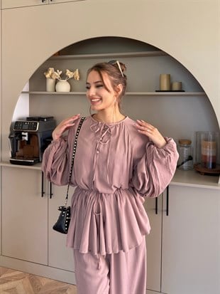 Defne Asimetrik Kesim Pantolonlu Takım Gül Kurusu (5817)