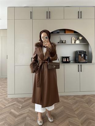 Deri Kürk Detaylı Kaban Kahve