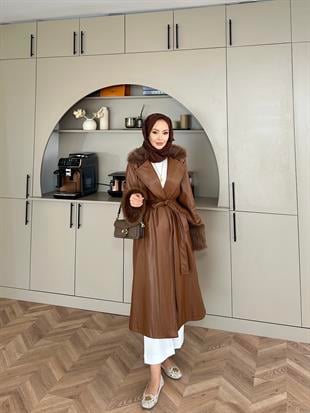 Deri Kürk Detaylı Kaban Kahve