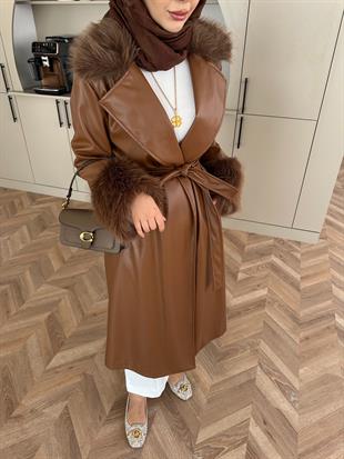 Deri Kürk Detaylı Kaban Kahve