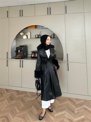 Deri Kürk Detaylı Kaban Siyah