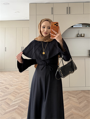 Dila Pelerinli Tensel Kot Elbise Siyah (4415)