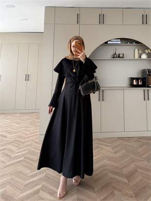 Dila Pelerinli Tensel Kot Elbise Siyah (4415)