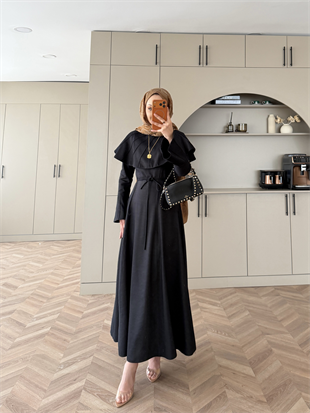 Dila Pelerinli Tensel Kot Elbise Siyah (4415)
