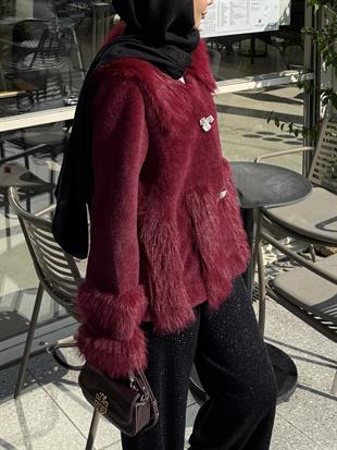 Diva Kürk Detaylı Angora Hırka/Ceket Bordo