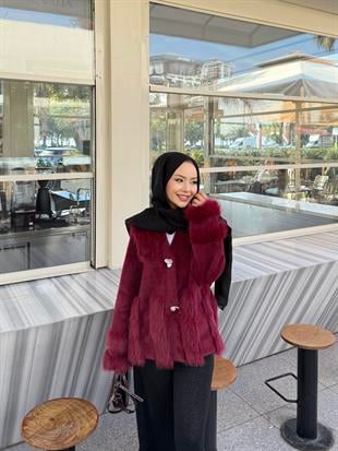 Diva Kürk Detaylı Angora Hırka/Ceket Bordo