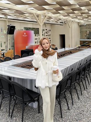 Diva Kürk Detaylı Angora Hırka/Ceket Ekru