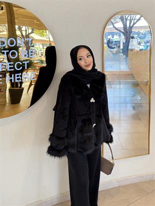 Diva Kürk Detaylı Angora Hırka/Ceket Siyah