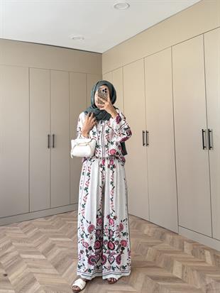 Dolunay Pantolonlu Takım Ekru-Pembe