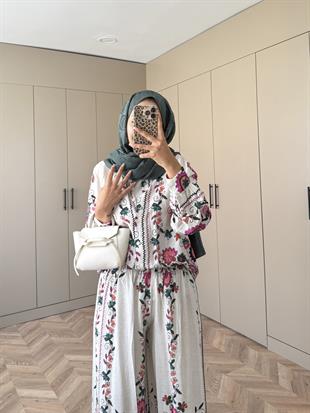 Dolunay Pantolonlu Takım Ekru-Pembe