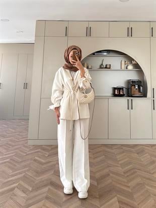 Düğme Detaylı Beli Büzgülü Cupra Takım Ekru (4403)