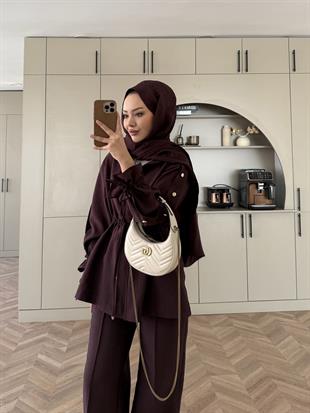 Natali Düğme Detaylı Beli Büzgülü Cupra Takım Mürdüm (4403)