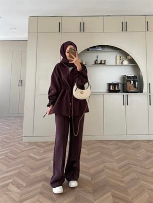 Natali Düğme Detaylı Beli Büzgülü Cupra Takım Mürdüm (4403)