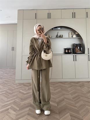 Natali Düğme Detaylı Beli Büzgülü Cupra Takım Yağ Yeşili (4403)