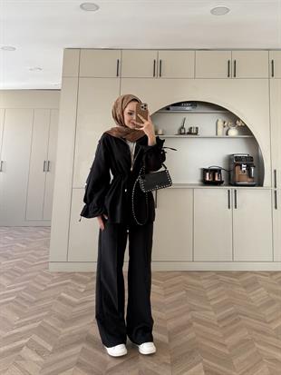 Natali Düğme Detaylı Beli Büzgülü Cupra Takım Siyah (4403)