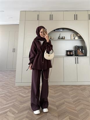 Natali Düğme Detaylı Beli Büzgülü Cupra Takım Mürdüm (4403)