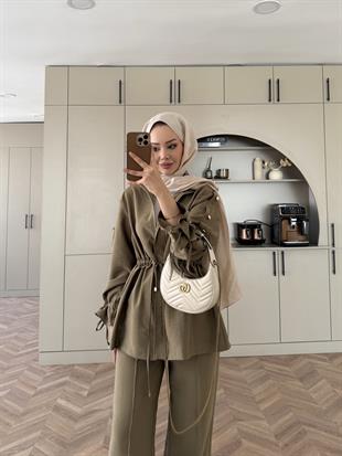 Natali Düğme Detaylı Beli Büzgülü Cupra Takım Yağ Yeşili (4403)