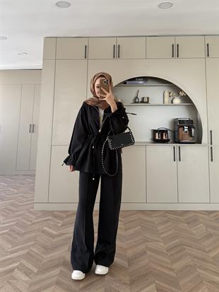 Natali Düğme Detaylı Beli Büzgülü Cupra Takım Siyah (4403)