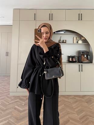Natali Düğme Detaylı Beli Büzgülü Cupra Takım Siyah (4403)