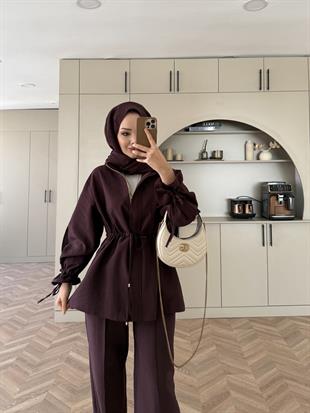 Natali Düğme Detaylı Beli Büzgülü Cupra Takım Mürdüm (4403)
