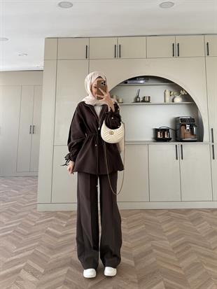 Düğme Detaylı Beli Büzgülü Cupra Takım Kahve (4403)
