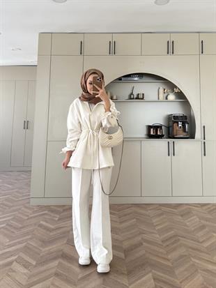 Düğme Detaylı Beli Büzgülü Cupra Takım Ekru (4403)