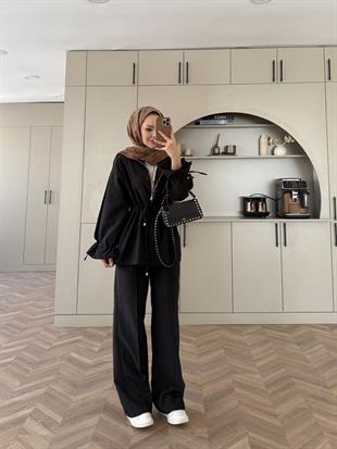 Natali Düğme Detaylı Beli Büzgülü Cupra Takım Siyah (4403)