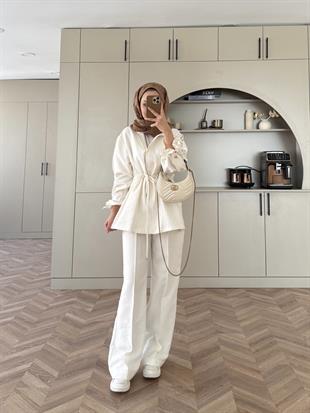 Düğme Detaylı Beli Büzgülü Cupra Takım Ekru (4403)