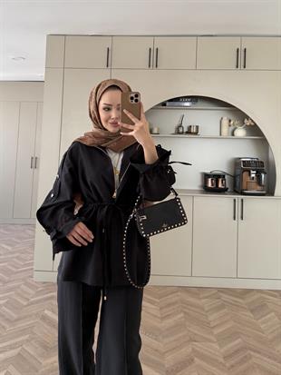 Natali Düğme Detaylı Beli Büzgülü Cupra Takım Siyah (4403)