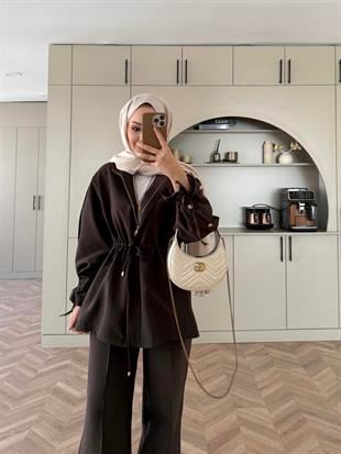 Düğme Detaylı Beli Büzgülü Cupra Takım Kahve (4403)