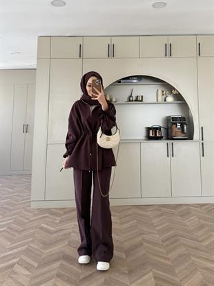 Natali Düğme Detaylı Beli Büzgülü Cupra Takım Mürdüm (4403)
