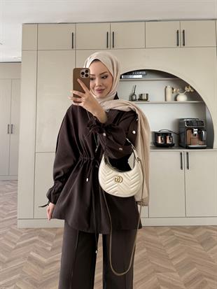 Düğme Detaylı Beli Büzgülü Cupra Takım Kahve (4403)