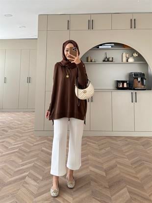 Düğmeli Merserize Kazak Acı Kahve