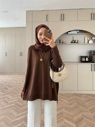 Düğmeli Merserize Kazak Acı Kahve