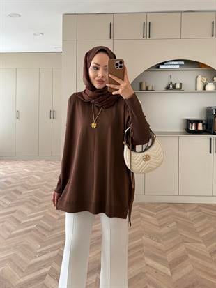 Düğmeli Merserize Kazak Acı Kahve