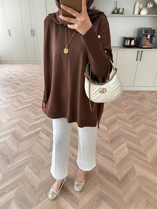 Düğmeli Merserize Kazak Acı Kahve