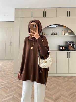 Düğmeli Merserize Kazak Acı Kahve