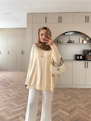 Düğmeli Merserize Kazak Bej