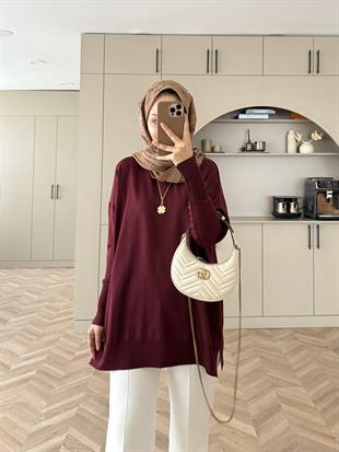 Düğmeli Merserize Kazak Bordo