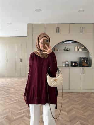 Düğmeli Merserize Kazak Bordo