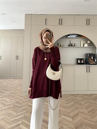 Düğmeli Merserize Kazak Bordo