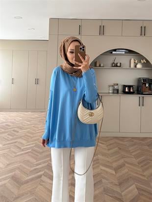 Düğmeli Merserize Kazak Mavi