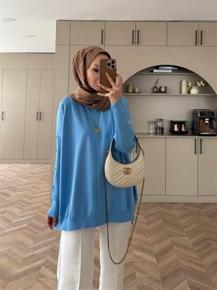 Düğmeli Merserize Kazak Mavi