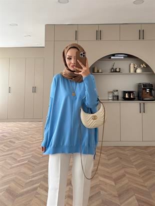 Düğmeli Merserize Kazak Mavi