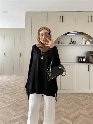 Düğmeli Merserize Kazak Siyah